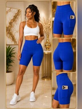 Royal Blue Biker Shorts | High-Waisted Stretch Shorts with Side Pocket